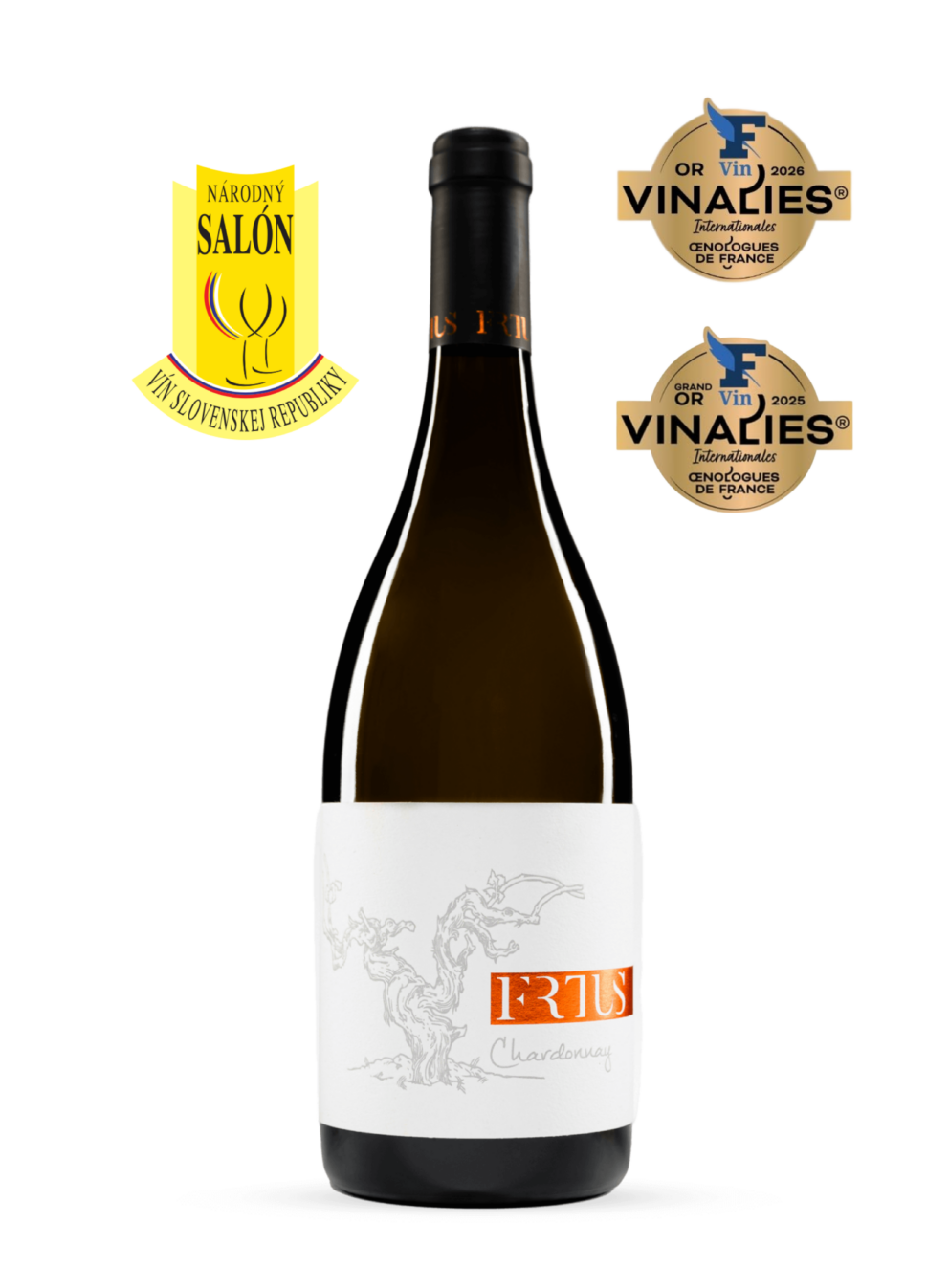 Fľaša Chardonnay 2023 od Frtus Winery, víno ocenené veľkou zlatou a zlatou medailou, zaradené do Národného salónu vín.