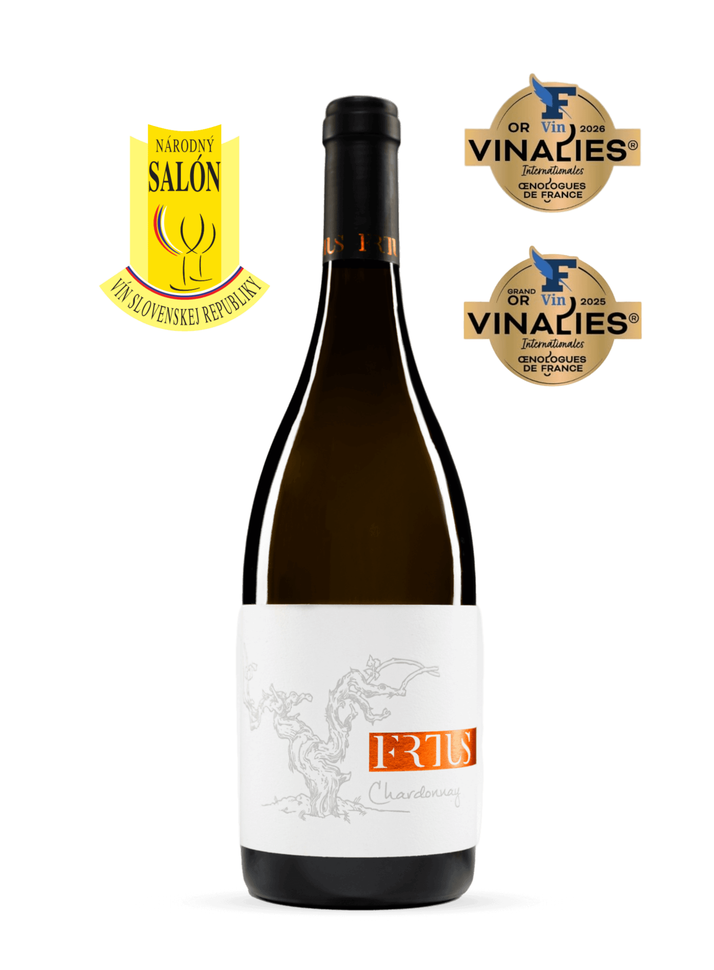 Fľaša Chardonnay 2023 od Frtus Winery, víno ocenené veľkou zlatou a zlatou medailou, zaradené do Národného salónu vín.