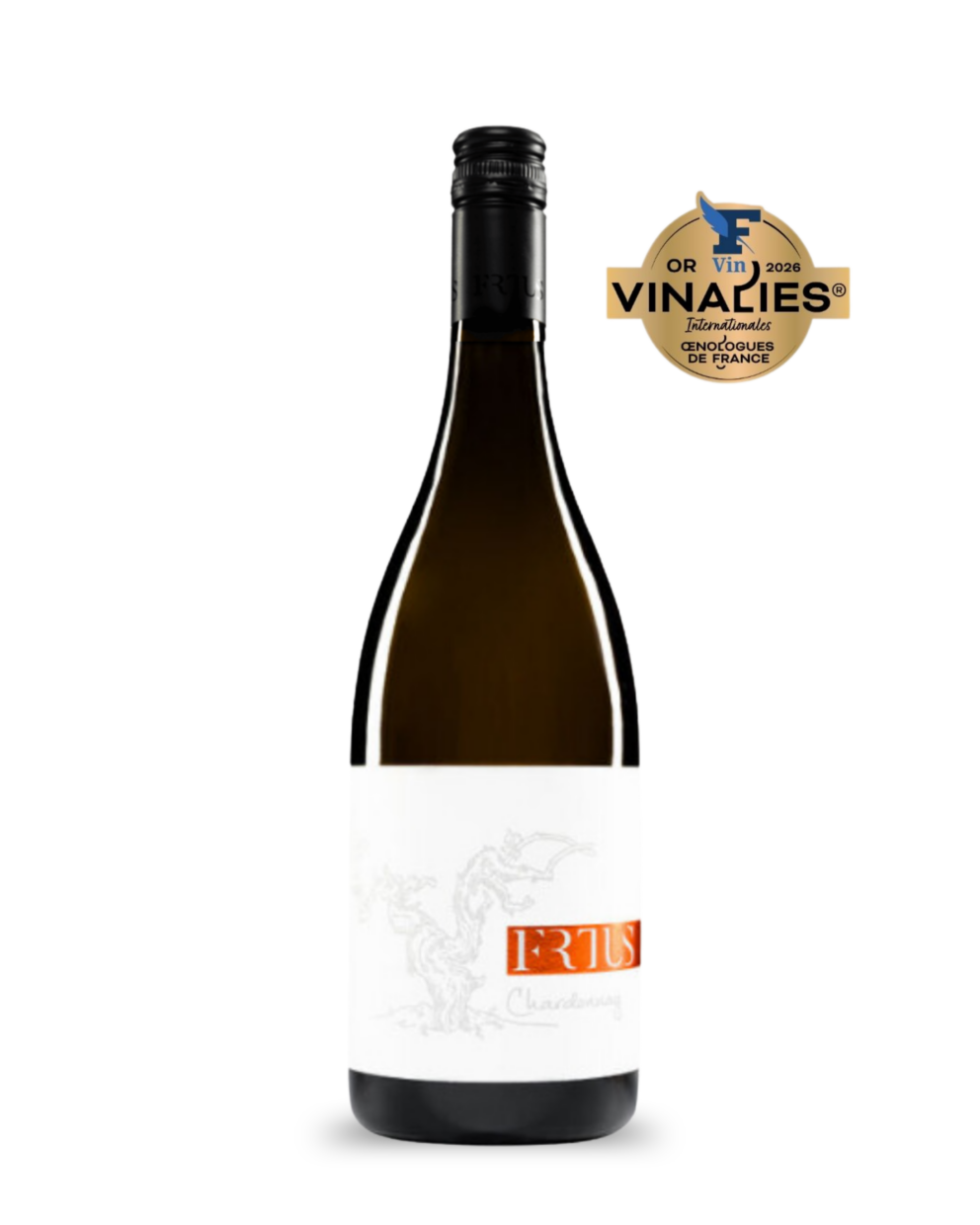 Fľaša Chardonnay 2025 od Frtus Winery, ocenené zlatou medailou.