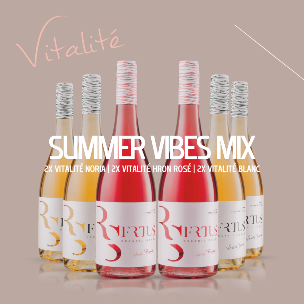 Zvýhodnený set vín Summer Vibes Mix od Frtus Winery — 3 fľaše Vitalité Noria, 3 fľaše Vitalité Blanc a 3 fľaše Viztalité Hron Rosé, vína z Rybníka, Terroir Tekov