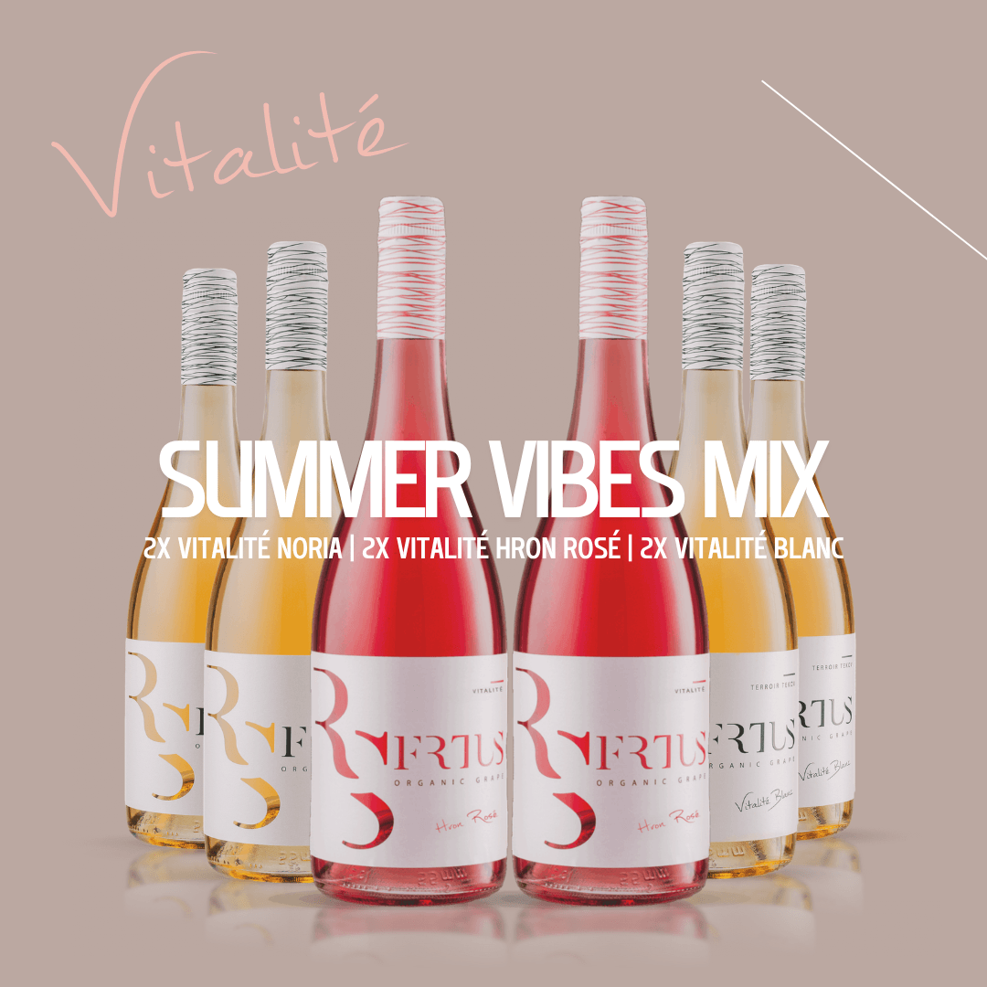 Zvýhodnený set vín Summer Vibes Mix od Frtus Winery — 3 fľaše Vitalité Noria, 3 fľaše Vitalité Blanc a 3 fľaše Viztalité Hron Rosé, vína z Rybníka, Terroir Tekov